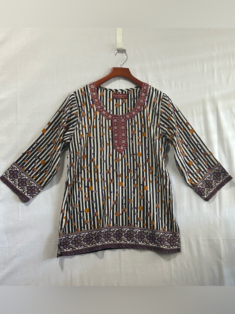 Ria Fashions - Women’s Black/White Striped Top with Embroidered Neckline